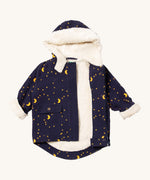 Little Green Radicals dark night sherpa toasty coat available at  Babipur. A GOTS organic cotton winter corduroy style jacket  in navy with a white fleece inner for warmth. Features a full length zip and popper fasteners for a secure fit.