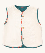 Little Green Radicals reversible gilet in red foxes and sherpa lined. A GOTS organic cotton gilet with a sherpa fleece style on the reversed side with the teal and fox prints trim. Features button fasteners for opening and closing. 