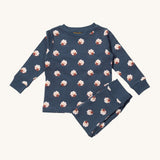 Little Green Radicals sleeping sheep pyjama set available at Babipur.. A GOTS organic cotton pyjama top and bottom set in navy blue with matching trim and prints of cute sheep