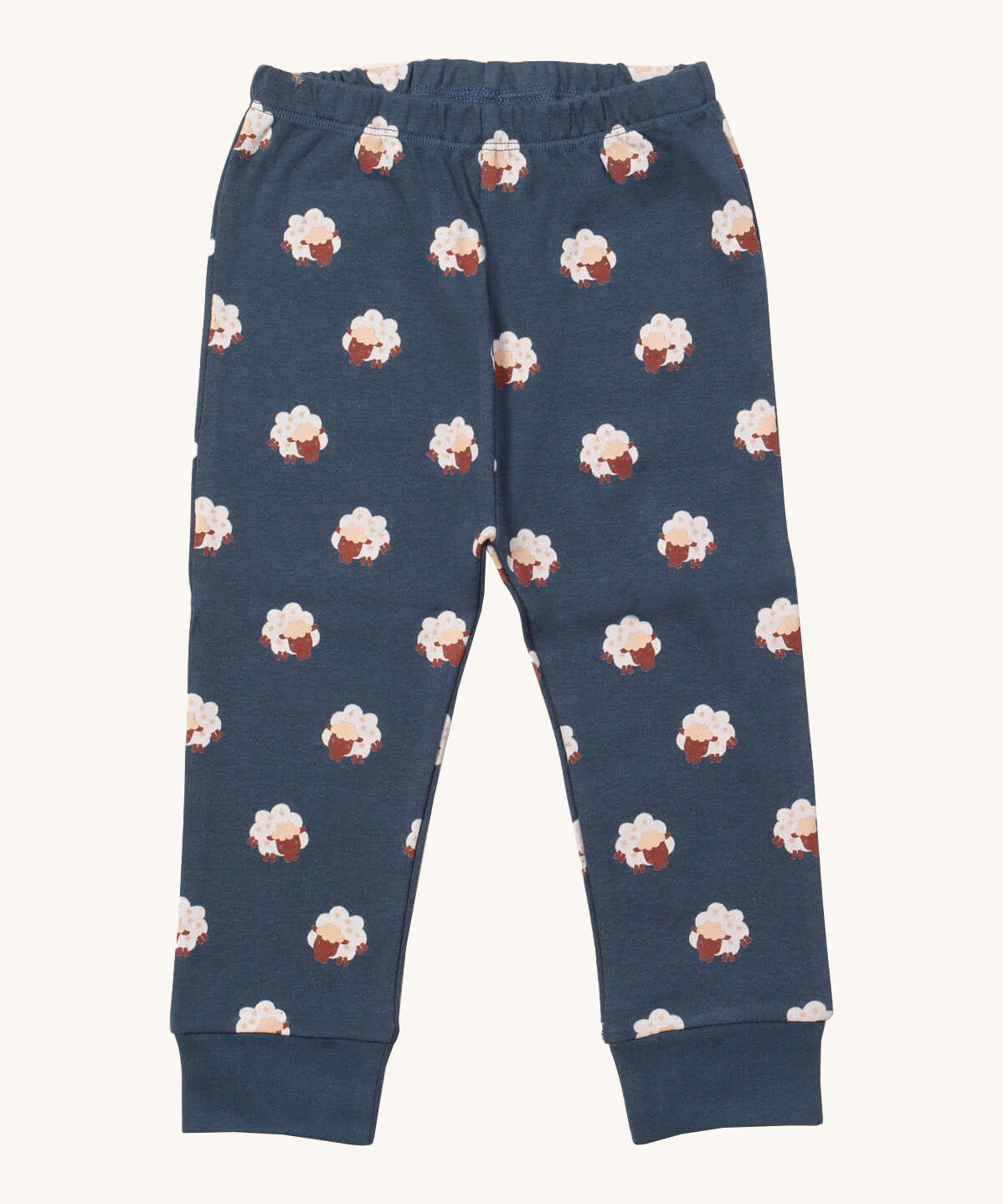 Little Green Radicals sleeping sheep pyjama bottom. A GOTS organic cotton bottom in navy with a elasticated waistband and matching navy cuff trim with prints of cute white sheep