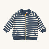 Little Green Radicals reversible easy rider jacket in sleeping sheep. A GOTS organic cotton bomber style jacket style in navy and white stripes with a full length zip, pouch pockets.