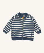 Little Green Radicals reversible easy rider jacket in sleeping sheep. A GOTS organic cotton bomber style jacket style in navy and white stripes with a full length zip, pouch pockets.