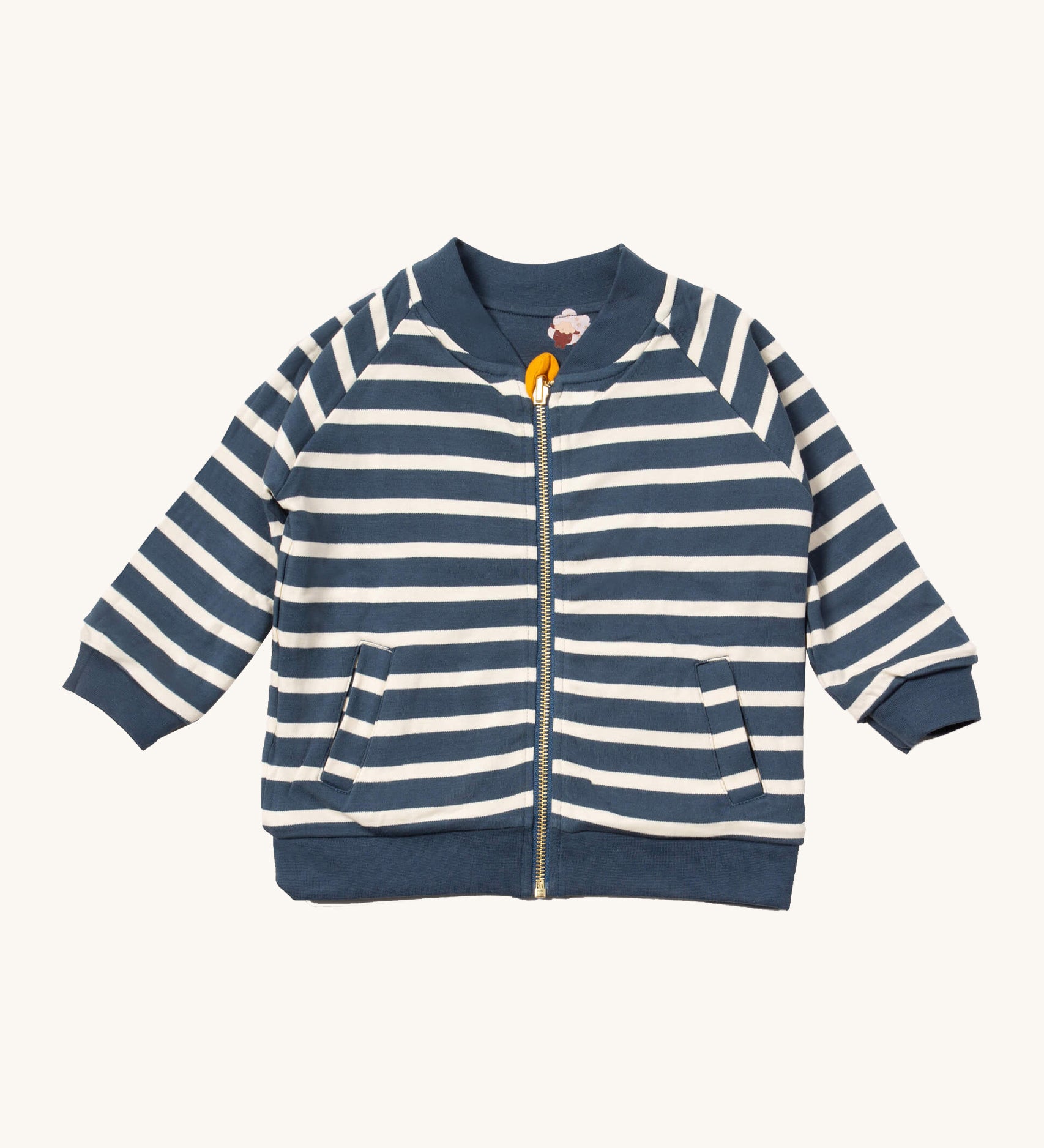Little Green Radicals reversible easy rider jacket in sleeping sheep. A GOTS organic cotton bomber style jacket style in navy and white stripes with a full length zip, pouch pockets.