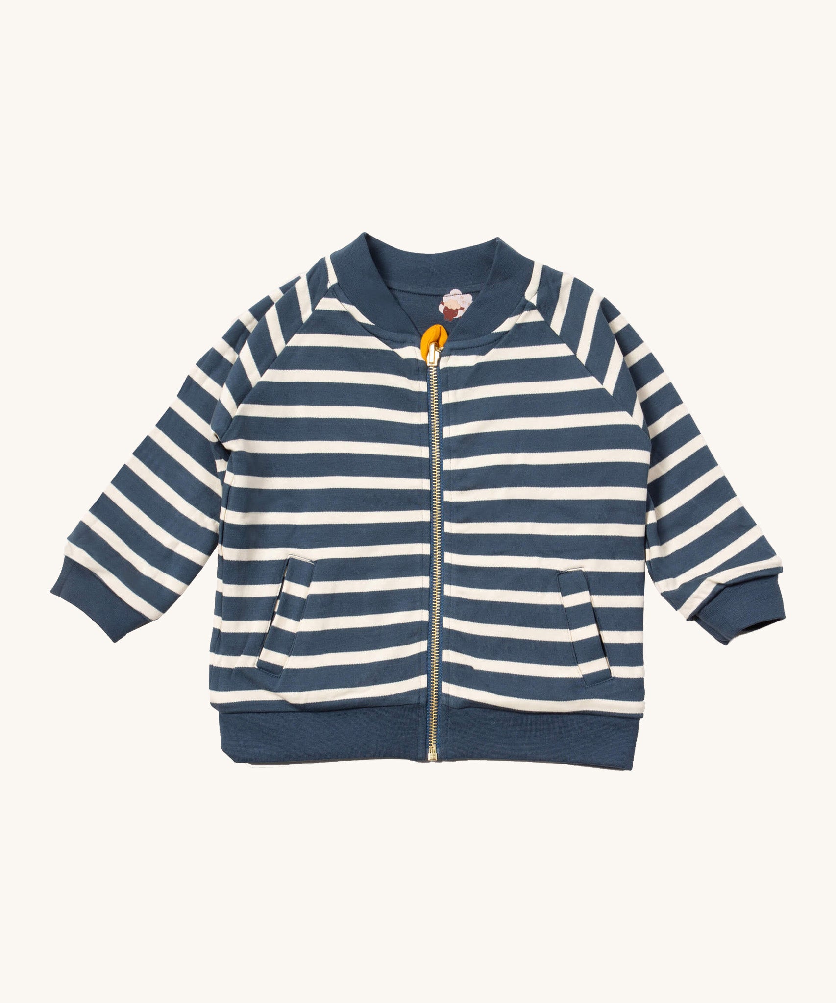 Little Green Radicals reversible easy rider jacket in sleeping sheep. A GOTS organic cotton bomber style jacket style in navy and white stripes with a full length zip, pouch pockets.
