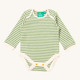Little Green Radicals brown bears baby body suit 2 pack. A soft GOTS organic cotton bodysuit 2 pack in green and cream stripes. Features yellow popper fastener around the crotch