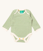 Little Green Radicals brown bears baby body suit 2 pack. A soft GOTS organic cotton bodysuit 2 pack in green and cream stripes. Features yellow popper fastener around the crotch