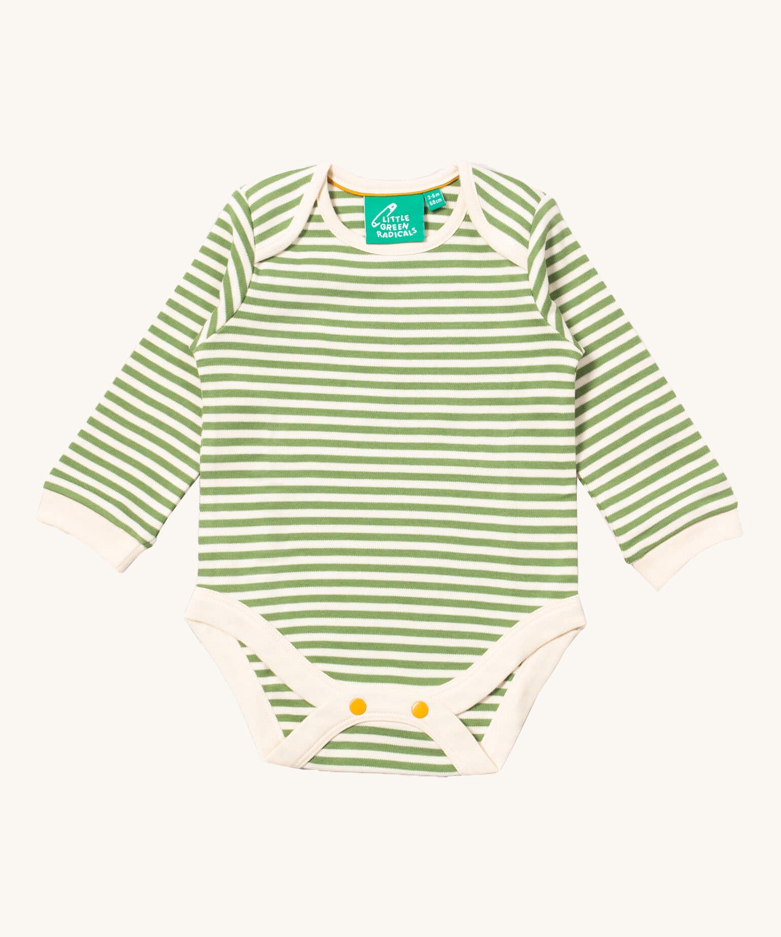 Little Green Radicals brown bears baby body suit 2 pack. A soft GOTS organic cotton bodysuit 2 pack in green and cream stripes. Features yellow popper fastener around the crotch
