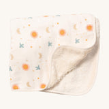 Little Green Radicals sun and moon sherpa hooded blanket. A GOTS organic cotton white blanket with a fluffy white sherpa style fleece inner