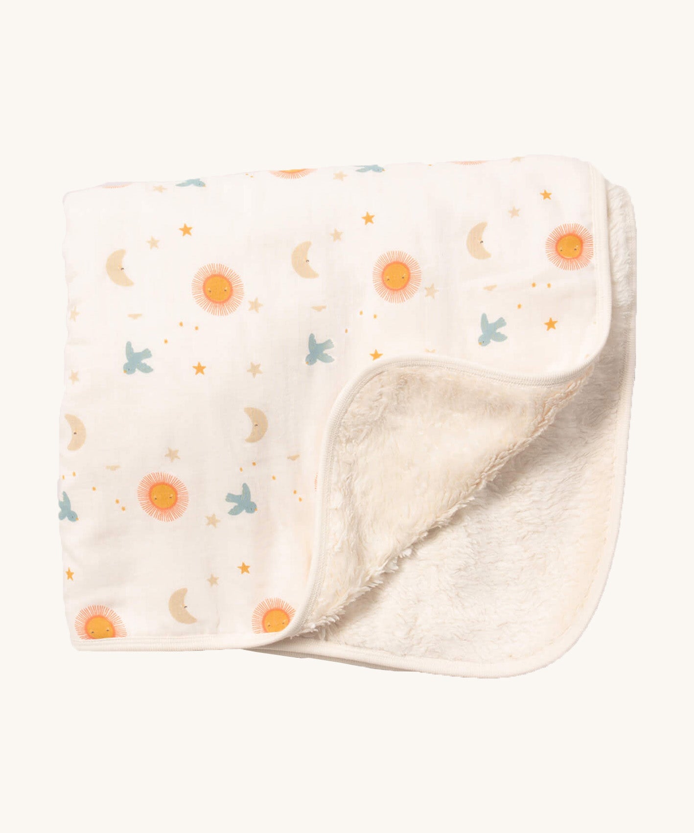 Little Green Radicals sun and moon sherpa hooded blanket. A GOTS organic cotton white blanket with a fluffy white sherpa style fleece inner