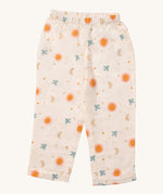 Little Green Radicals classic pyjama bottom from the moon and sun classic set. A GOTS organic cotton pyjama bottom
in light pink with a starry night design with the sun and a flying blue bird. Features a elasticated waist band for a comfortable fit
