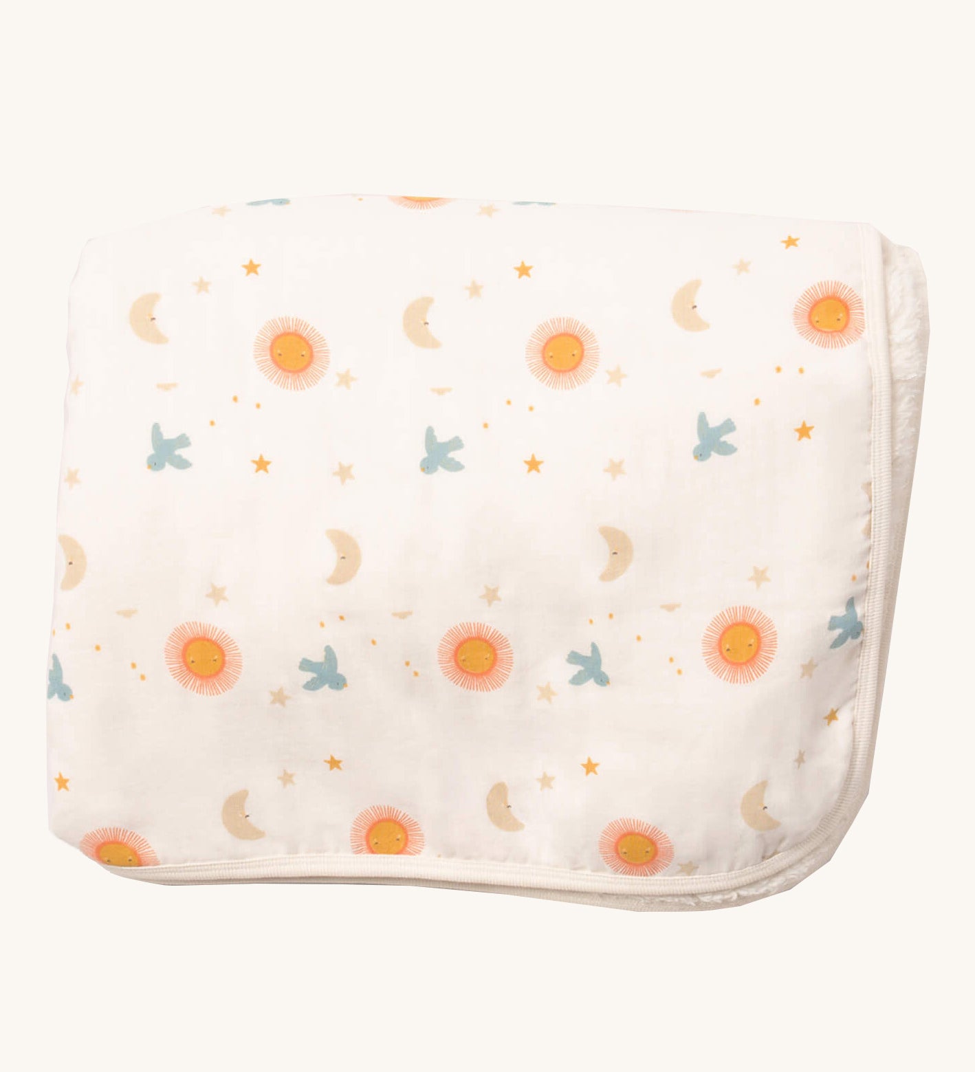 Little Green Radicals sun and moon sherpa hooded blanket. A GOTS organic cotton white blanket with birds flying through a starry night print. Features a white sherpa style fleece inner