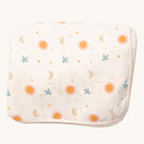 Little Green Radicals sun and moon sherpa hooded blanket. A GOTS organic cotton white blanket with birds flying through a starry night print. Features a white sherpa style fleece inner