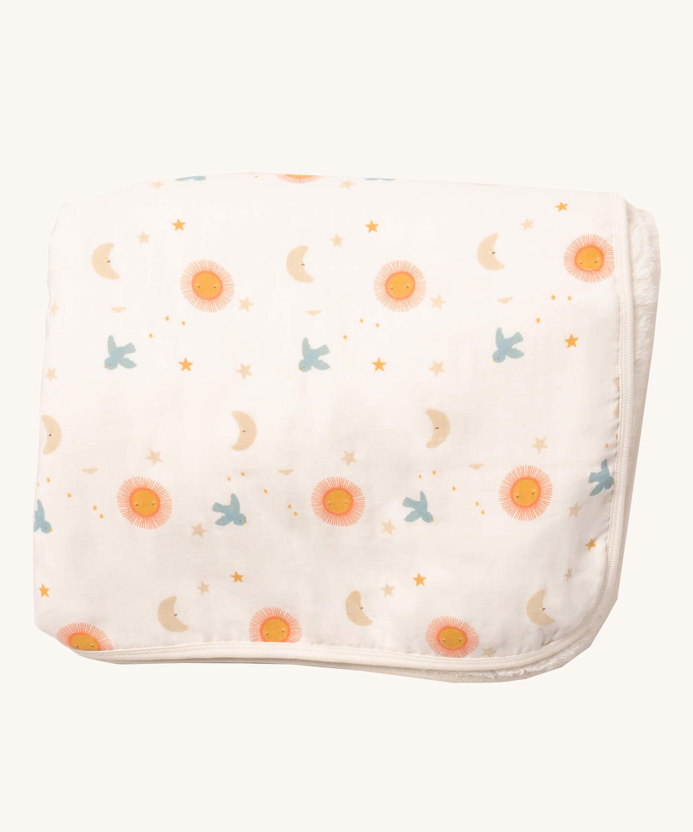 Little Green Radicals sun and moon sherpa hooded blanket. A GOTS organic cotton white blanket with birds flying through a starry night print. Features a white sherpa style fleece inner