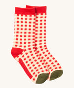 Little Green Radicals red and white check ankle socks from the golden leaves set available at Babipur. A GOTS organic cotton sock with a check design with red and green trim.