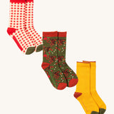 Little Green Radicals winter rabbit ankle socks  3 pack available at Babipur. A GOTS organic cotton sock multipack includes a red and white check, winter rabbit and a yellow block sock.
