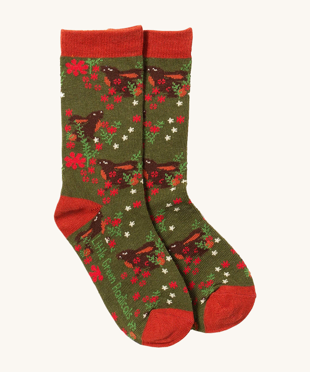 Little Green Radicals winter rabbit ankle socks available at Babipur. A dark green GOTS organic cotton sock with rabbits in flowers and red trim. 