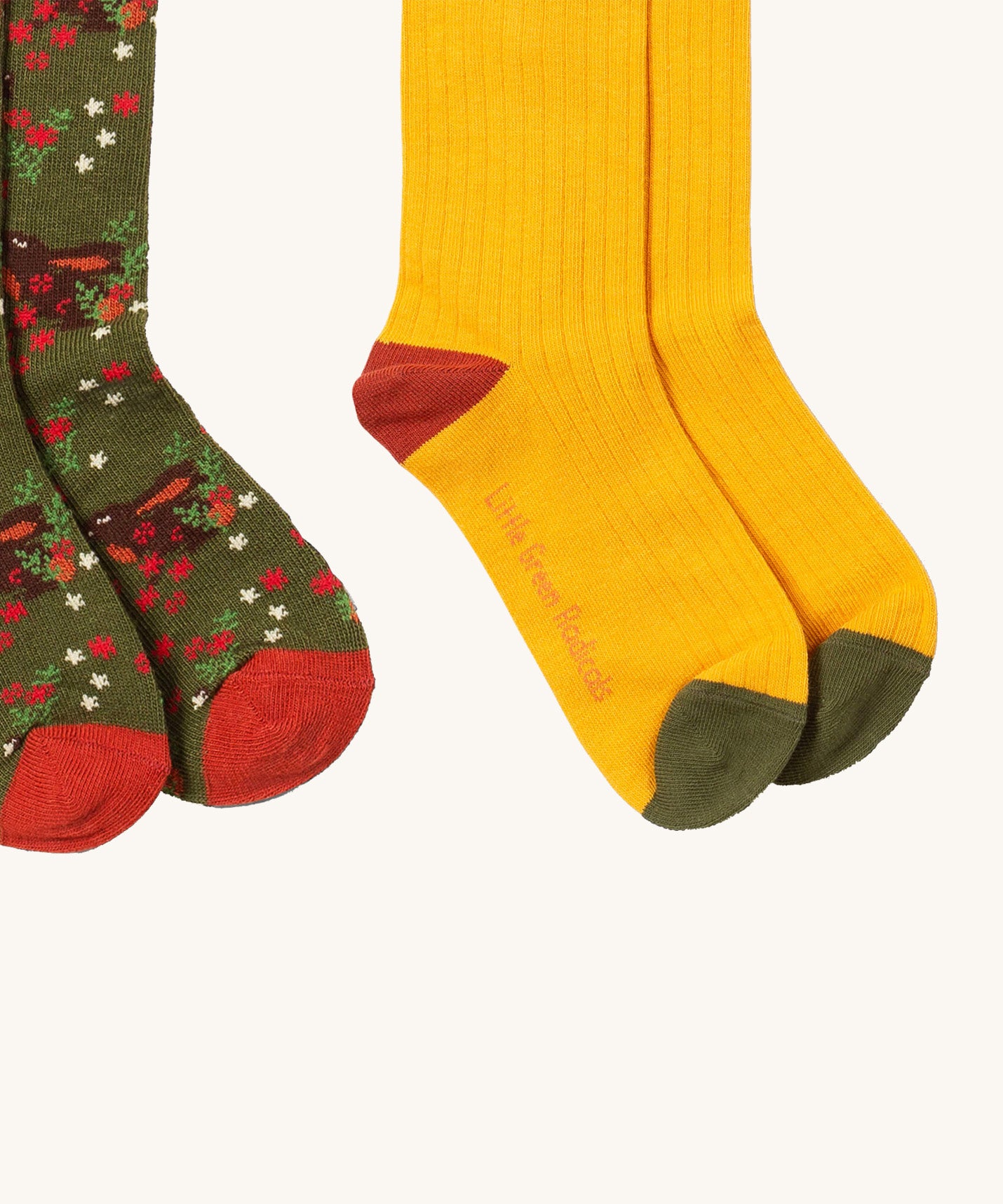 A close up of the yellow block Little Green Radicals ankle socks showing the red and green toe trim detail on soft ribbed organic cotton fabric
