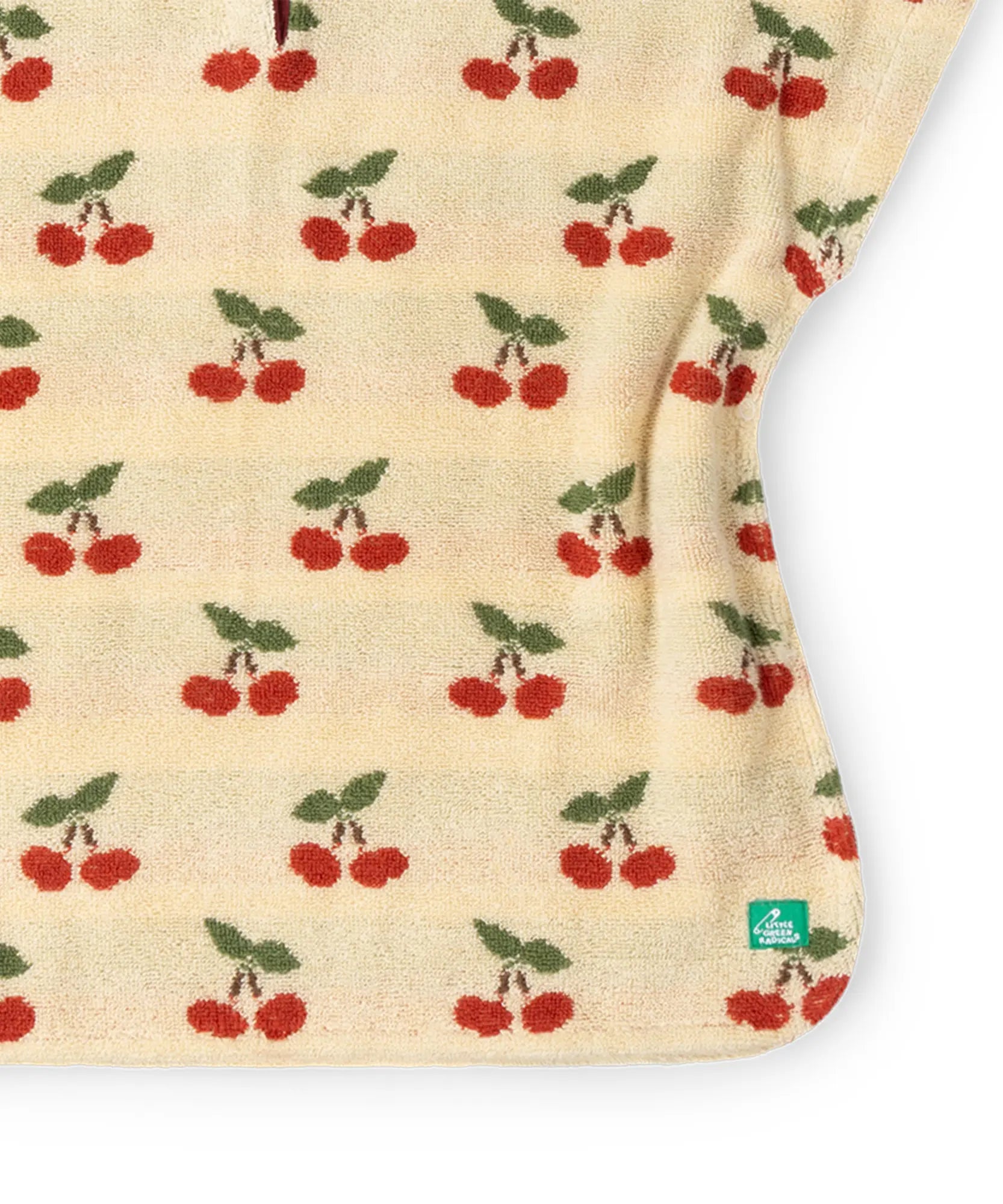 Material of the Little Green Radicals little cherries organic cotton baby towel poncho.
