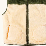 Close up of the Little Green Radicals cosy cream and chive green recycled zip-up fleece gilet.