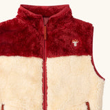 Close up of the Little Green Radicals cosy cream and plum red recycled zip-up fleece gilet.