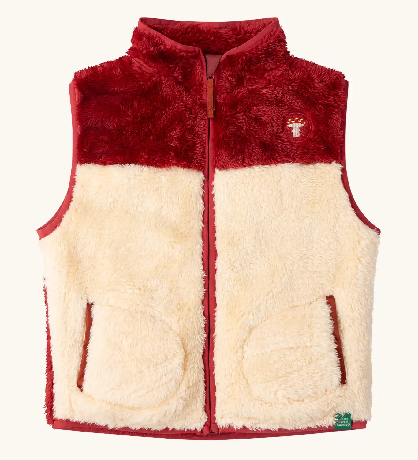 Little Green Radicals cosy cream and plum red recycled zip-up fleece gilet.