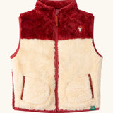Little Green Radicals cosy cream and plum red recycled zip-up fleece gilet.