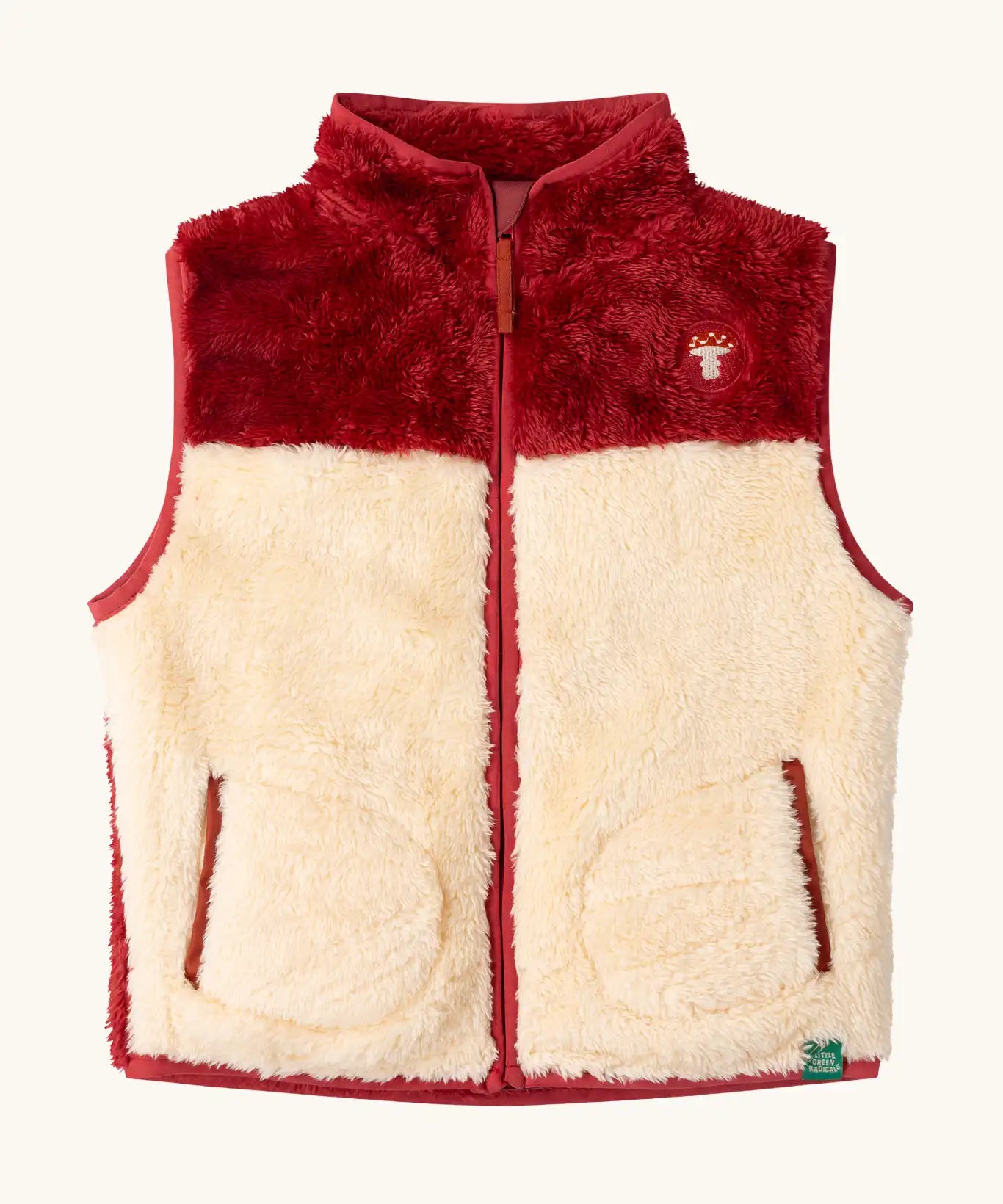 Little Green Radicals cosy cream and plum red recycled zip-up fleece gilet.