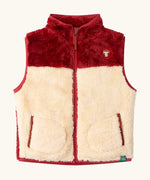 Little Green Radicals cosy cream and plum red recycled zip-up fleece gilet.