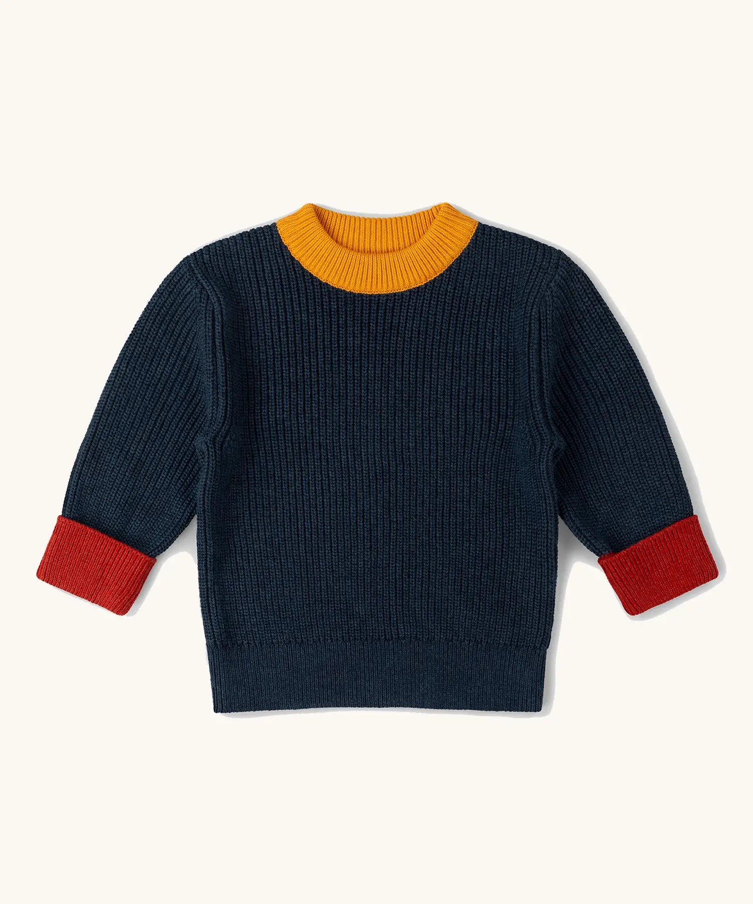 Little Green Radicals organic cotton knitted snuggly jumper in midnight blue.