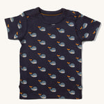 Little Green Radicals Adaptive Easy Feeding Whale Song T-Shirt pictured on a plain background
