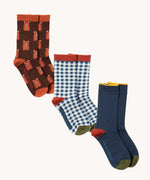 Three pairs of organic and Fairtrade cotton socks by Little Green Radicals - brown teddy bears, blue and white gingham and navy colour block - available to buy now at Babipur.