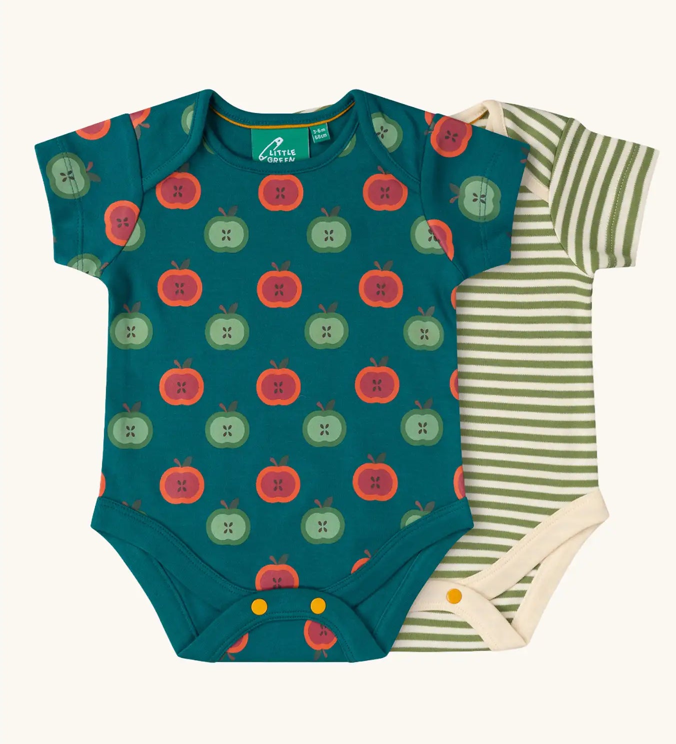 Little Green Radicals apple picking short sleeve baby bodysuit. One with repeat red and green apples print on a dark green background, one with a green and cream stripe design. 