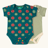 Little Green Radicals apple picking short sleeve baby bodysuit. One with repeat red and green apples print on a dark green background, one with a green and cream stripe design. 