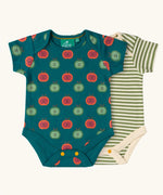 Little Green Radicals apple picking short sleeve baby bodysuit. One with repeat red and green apples print on a dark green background, one with a green and cream stripe design. 