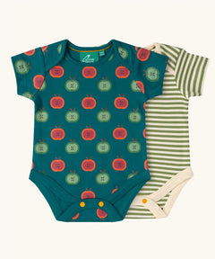 Little Green Radicals apple picking short sleeve baby bodysuit. One with repeat red and green apples print on a dark green background, one with a green and cream stripe design. 