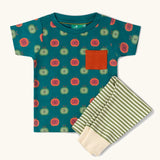 Little Green Radicals apple picking organic cotton playset outfit. A short sleeved t-shirt with red and green repeat apple print on a green background with green and cream striped joggers. 