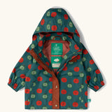 Little Green Radicals apple picking recycled waterproof children's raincoat. Repeat green and red apple print on a dark green background. 