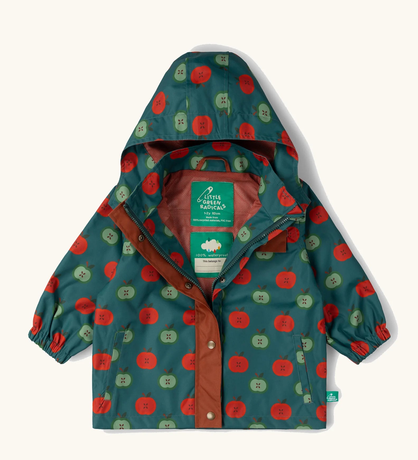 Little Green Radicals apple picking recycled waterproof children's raincoat. Repeat green and red apple print on a dark green background. 