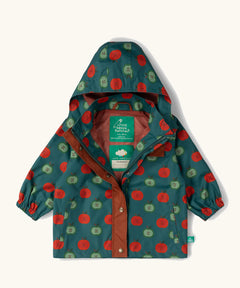 Little Green Radicals apple picking recycled waterproof children's raincoat. Repeat green and red apple print on a dark green background. 