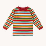 Little Green Radicals autumn rainbow striped long sleeve top available at Babipur. A GOTS organic cotton top with long sleeves with autumn inspired coloured stripes with red collar and cuffs.