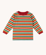 Little Green Radicals autumn rainbow striped long sleeve top available at Babipur. A GOTS organic cotton top with long sleeves with autumn inspired coloured stripes with red collar and cuffs.