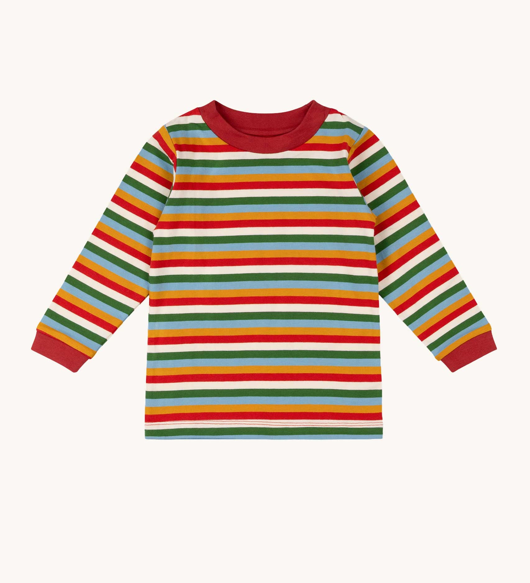 Little Green Radicals autumn rainbow striped long sleeve top available at Babipur. A GOTS organic cotton top with long sleeves with autumn inspired coloured stripes with red collar and cuffs.