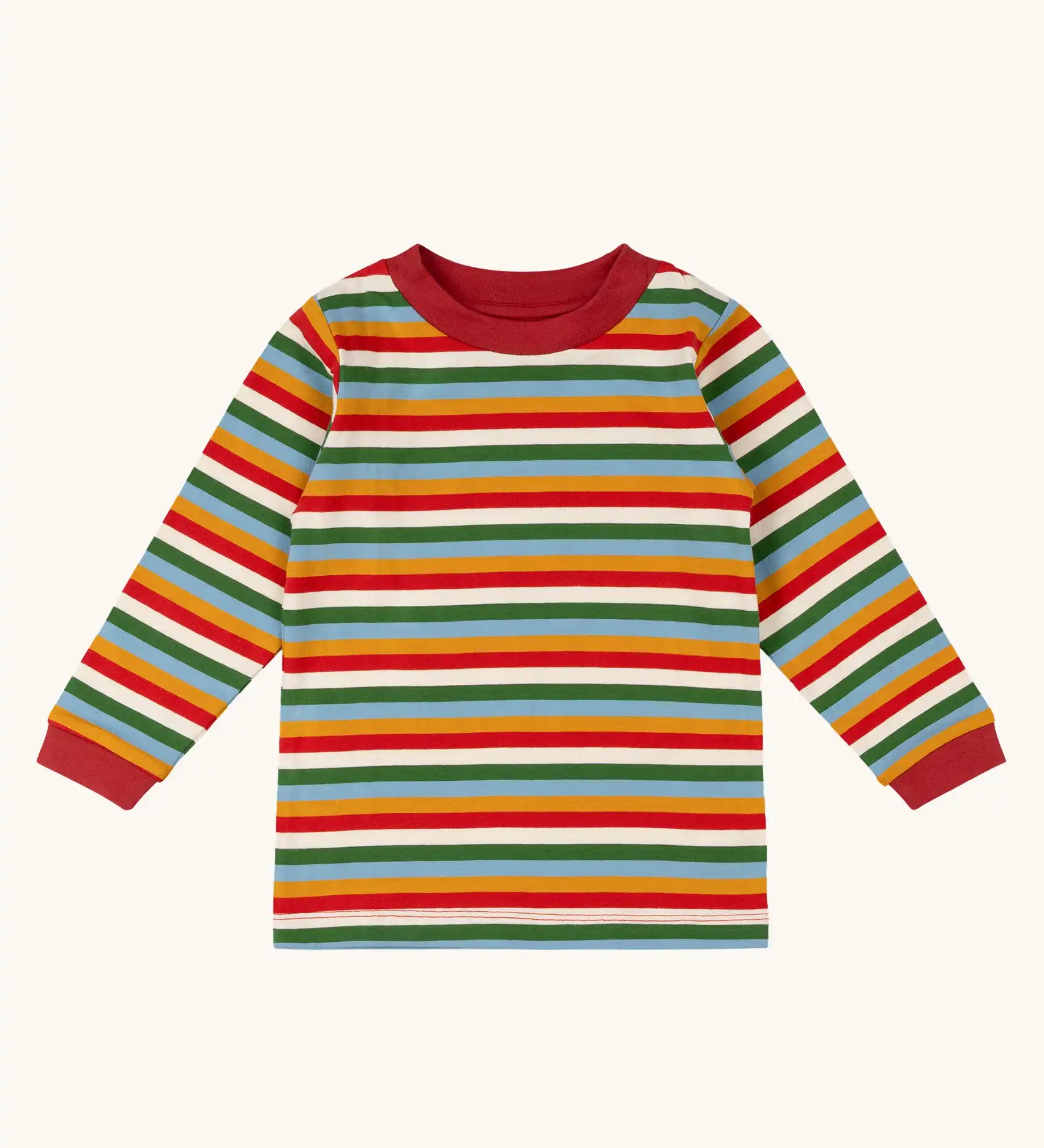 Little Green Radicals Autumn rainbow stripe organic cotton long sleeve top.