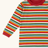 Close up of the Little Green Radicals Autumn rainbow stripe organic cotton long sleeve top.
