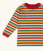Close up of the Little Green Radicals Autumn rainbow stripe organic cotton long sleeve top.