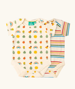 Little Green Radicals vintage style cream rainbows organic cotton short sleeved baby bodysuit 2 Pack. One vest with a repeat nature themed print and one with a cream rainbow striped design. 