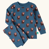 Little Green Radicals blue bears organic cotton children's pyjamas. Blue background with an all over repeat brown bear print.