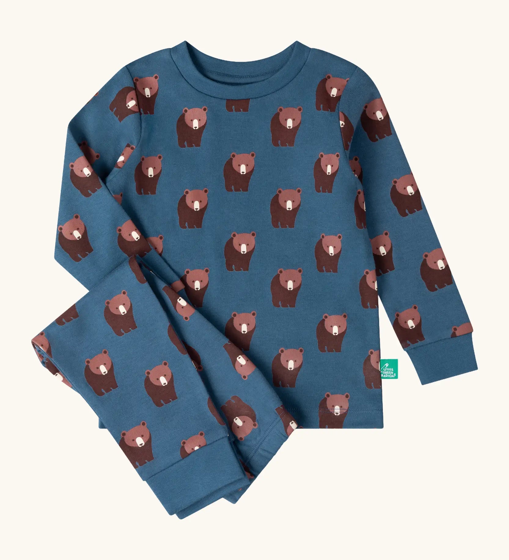 Little Green Radicals blue bears organic cotton children's pyjamas. Blue background with an all over repeat brown bear print.