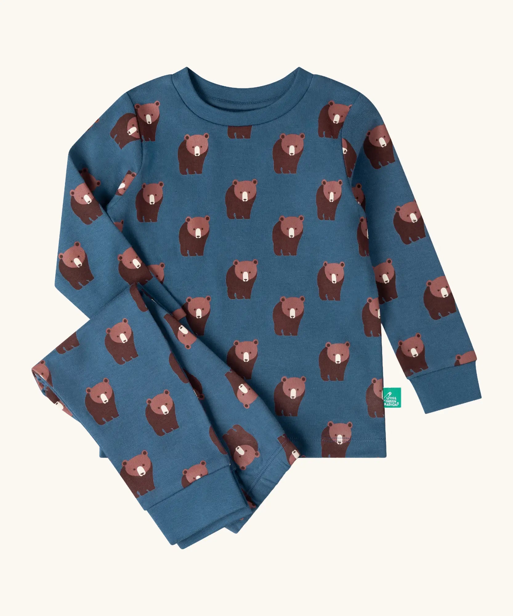 Little Green Radicals blue bears organic cotton children's pyjamas. Blue background with an all over repeat brown bear print.