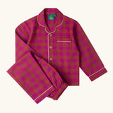 Little Green Radicals Kids berry pink check organic cotton classic pyjamas. Button up long sleeve top and matching trousers. 